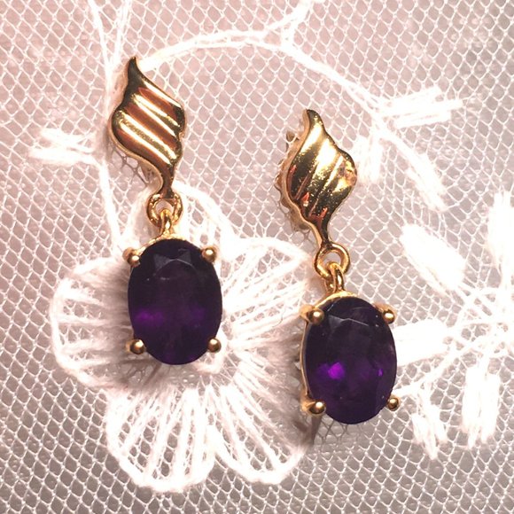 Natural Amethyst Gold Plated Earrings Post Dangles - Picture 11 of 15